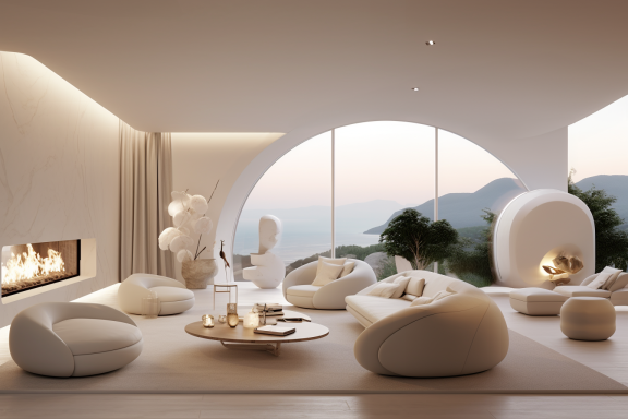 Contemporary living room with curved furniture, fireplace, and floor-to-ceiling arched glass framing sea and mountain scenery.