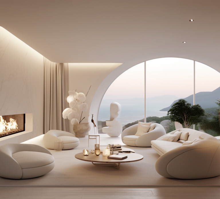 Contemporary living room with curved furniture, fireplace, and floor-to-ceiling arched glass framing sea and mountain scenery.