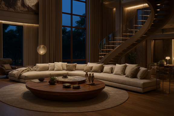 Luxury double-height living room with curved staircase, floor-to-ceiling windows, and warm neutral interiors.