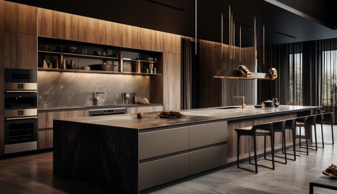 Contemporary kitchen with central island, wood cabinetry, dark stone finishes, and bronze lighting accents.