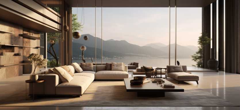 Luxury lounge with oversized sectional sofa, panoramic windows, and lake view at Prime Minister Pied-à-Terre.