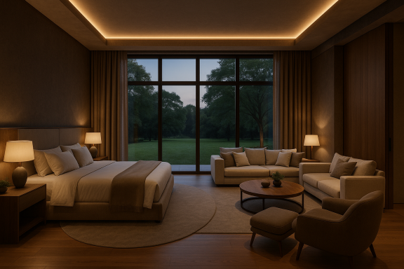 Spacious guest bedroom with in-room lounge, warm lighting, and full-height garden views.