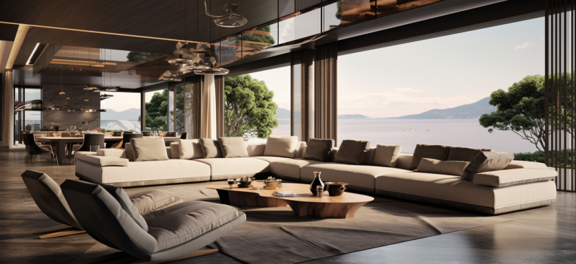 Spacious games room lounge with large sectional sofa, round wood coffee tables, and panoramic sea views.