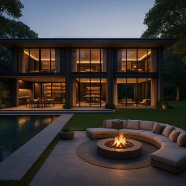 Modern villa exterior with pool, outdoor dining, curved fire pit lounge, and large lawn.