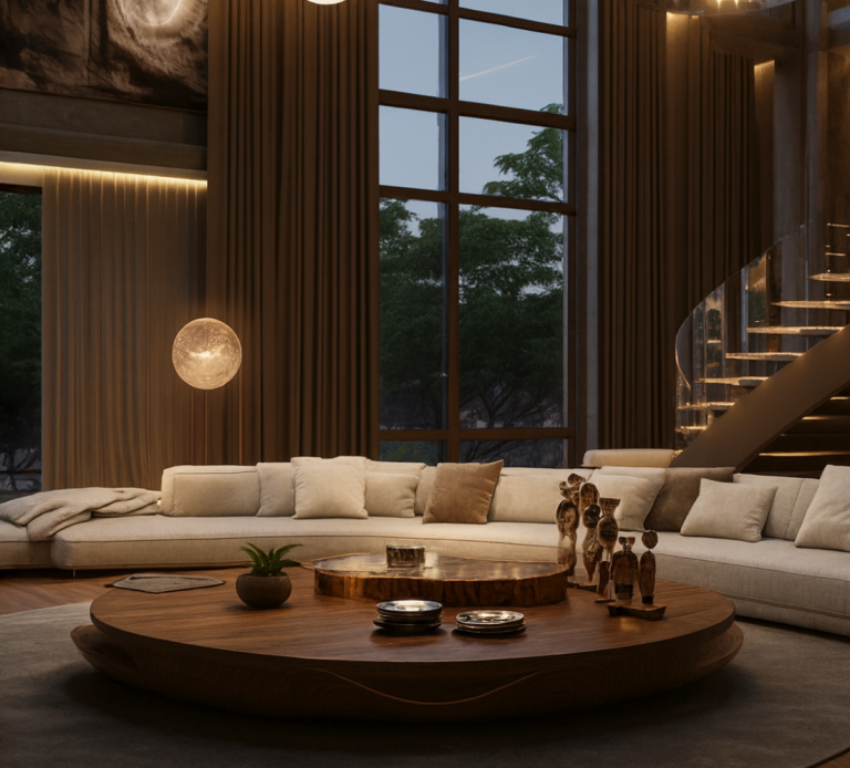 Contemporary living room with curved furniture, fireplace, and floor-to-ceiling arched glass framing sea and mountain scenery.