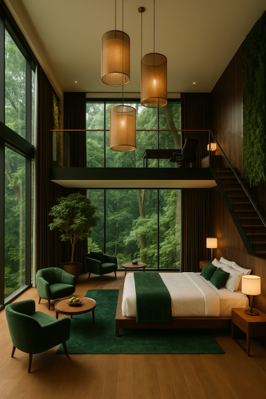 Double-height luxury suite with mezzanine office, emerald interiors, and forest views at ÓM Hotel Mumbai.