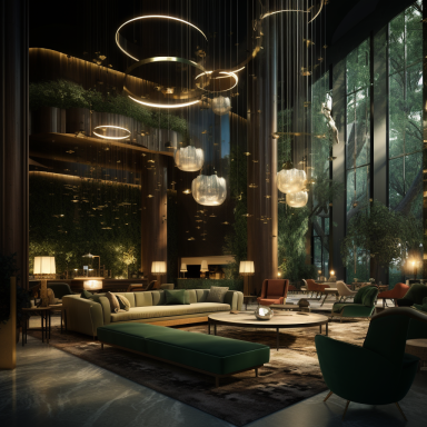 Luxury main lounge with emerald velvet seating, golden lighting, and lush indoor greenery at ÓM Hotel Mumbai.
