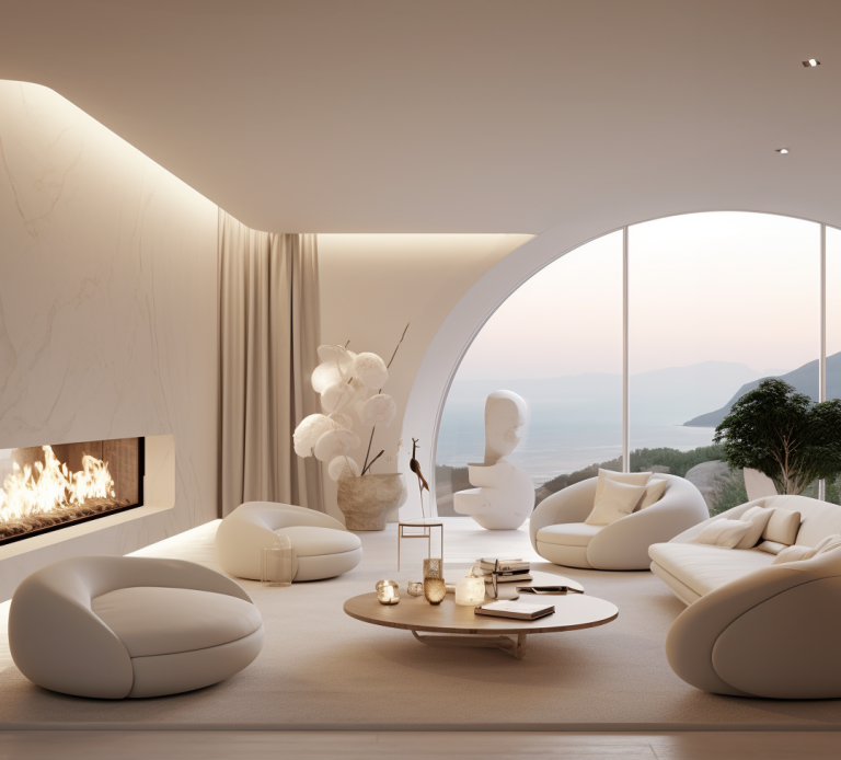 Contemporary living room with curved furniture, fireplace, and floor-to-ceiling arched glass framing sea and mountain scenery.