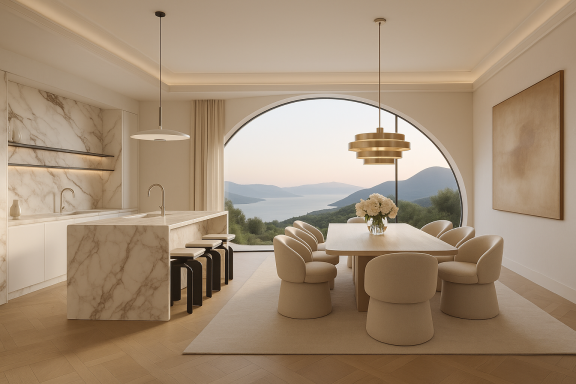 Modern marble kitchen island and grand dining area with panoramic arched window overlooking the sea and mountains.