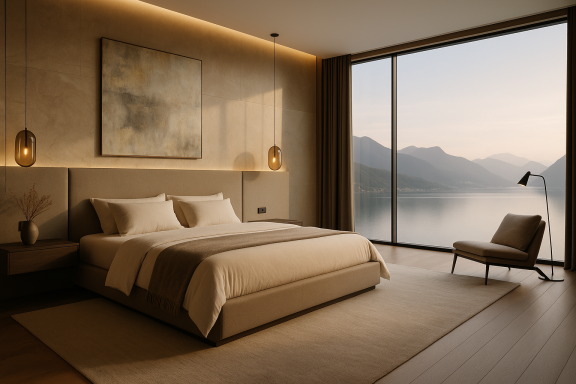 Master bedroom with low upholstered bed, stone feature wall, pendant lights, and full-height window lake view.