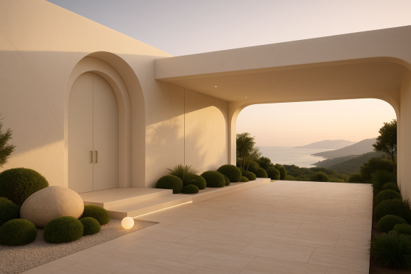 Luxury villa entrance with curved architectural canopy, marble-clad walls, and panoramic sea and mountain views at sunset.