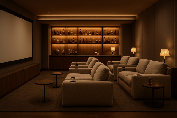 Plush home cinema with beige recliners, large screen, and backlit whiskey bar in warm tones.